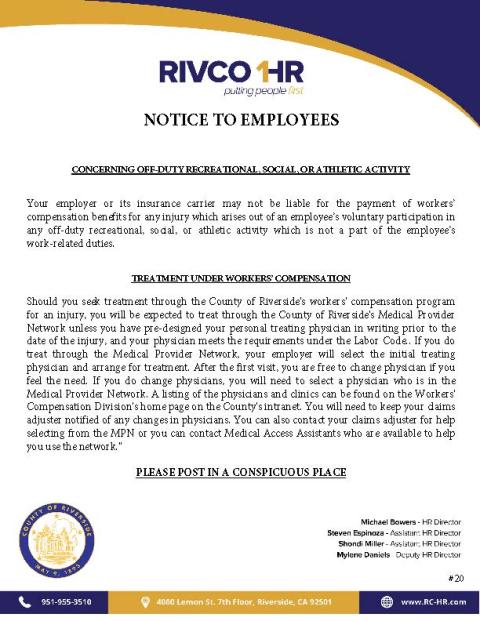 Notice to Employees Concerning Off Duty Recreational Activity